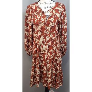 Bobeau Dress Womens XL Multi Floral Long‎ Sleeve V Neck Tie Peplum Hem Pullover